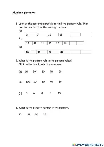 Worksheet on number patterns 3