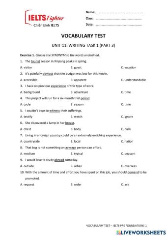 VOCAB TEST 11. UNIT 11. Writing Task 1 (Part 3)