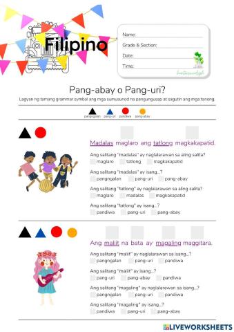 Pang-abay o Pang-uri? - HuntersWoodsPH.com Worksheet