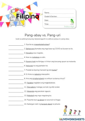 Pang-abay vs Pang-uri - HuntersWoodsPH.com Worksheet