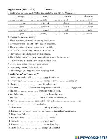 Grade 6- A an some any