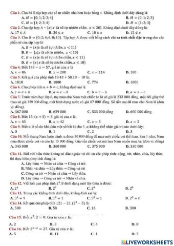 Trắc nghiệm giữa HK1 Toán 6 2