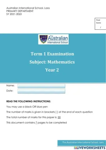 Year 2 Maths First Term Examination