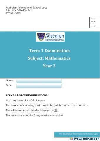 Year 2 Maths First Term Examination