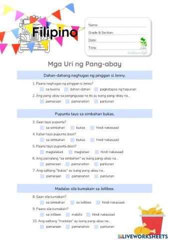 Uri ng Pang-abay - HuntersWoodsPH.com Worksheet