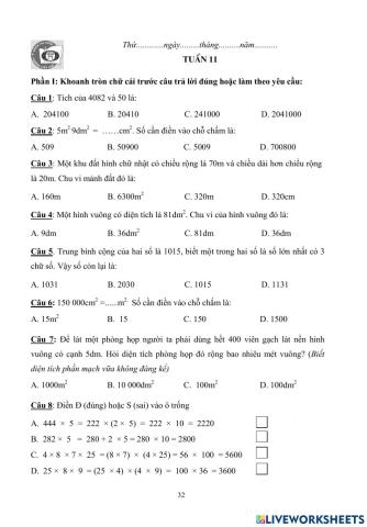 Bài tập Toán cuối tuần 11