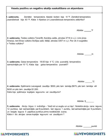 Veselu negatīvu skaitļu saskaitīšana un atņemšana