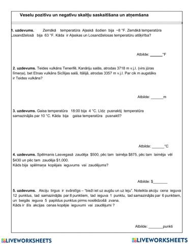 Veselu negatīvu skaitļu saskaitīšana un atņemšana