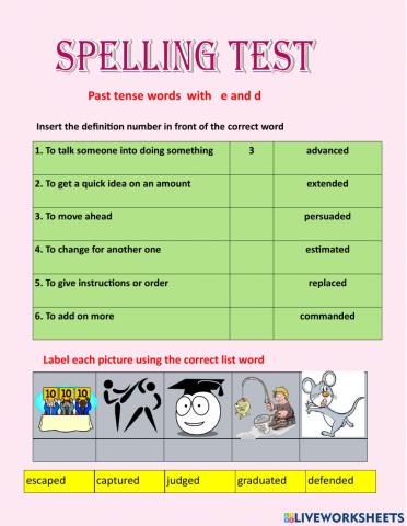 Past tense words with e and d test