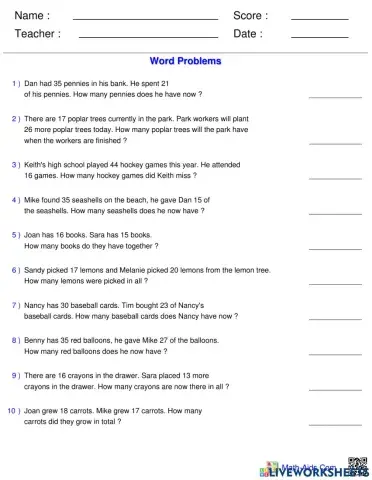 Problem Solving - Addition & Subtraction