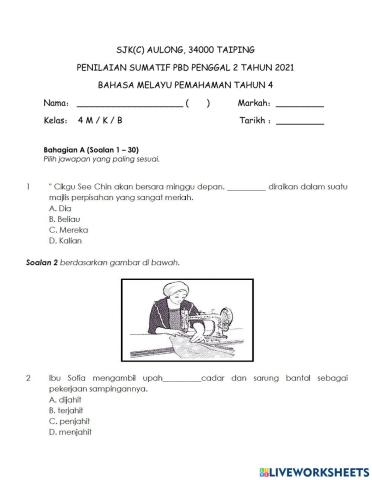 PENILAIAN SUMATIF PBD PENGGAL 2 BAHASA MELAYU PEMAHAMAN TAHUN 4 