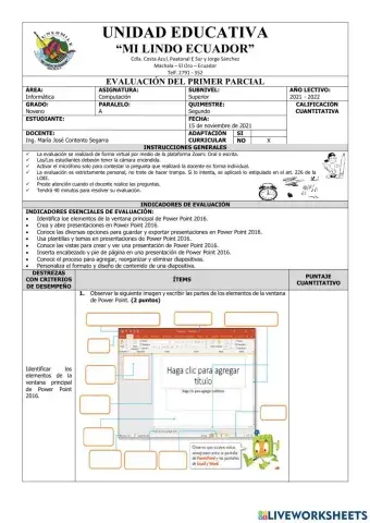 Evaluación del Primer Parcial de Computación Noveno del Segundo Quimestre