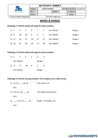Mode & Range Worksheet