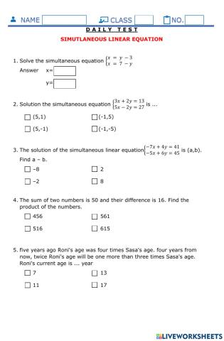 Simultaneous linear equation daily test