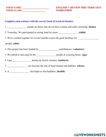 Englsh 7- review mid- term test 1.5- word form