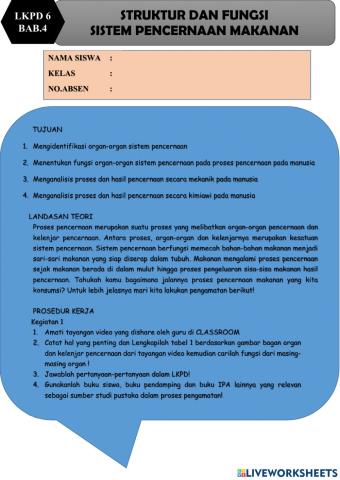 Lkpd 6 bab 4 struktur dan fungsi pencernaan makanan