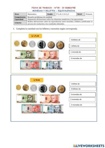 Billetes y monedas - equivalencias
