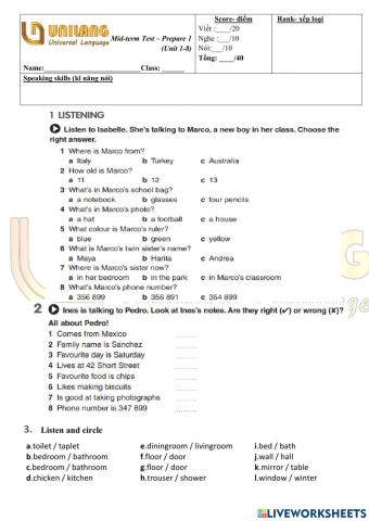 Midterm Test - Prepare 1 (Unit 1-8)