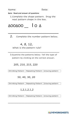 Patterns and Addition Quiz