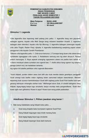 PAS 1 Bahasa Jawa Kelas 8 2021-2022