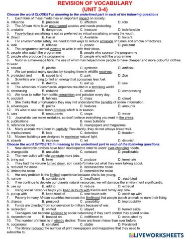 Revision of Unit 3 & 4. Synonym Antonym