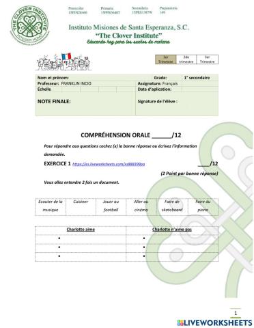 Examen clover institute primero secundaria