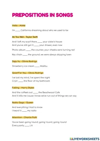 Prepositions of Place and Time  in Songs