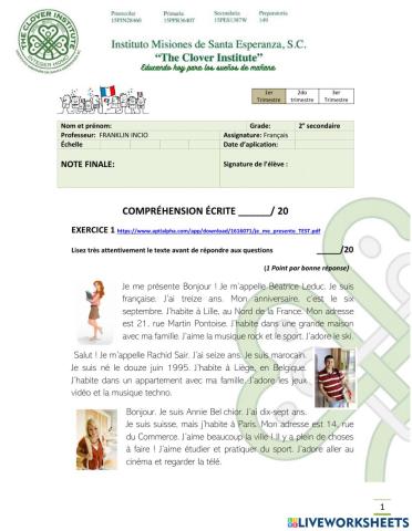 Examen clover institute francés segundo secundaria