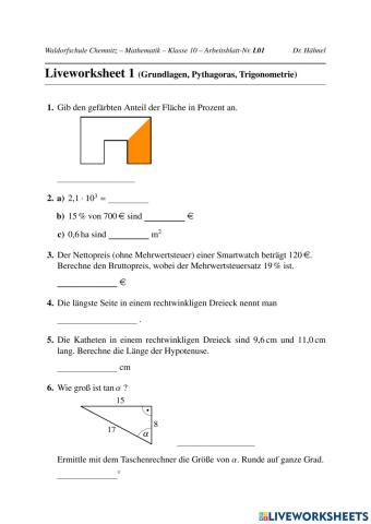 Klasse 10: L01 Prozente, Pythagoras, Trigonometrie
