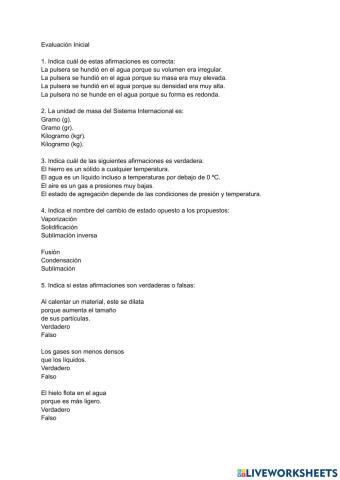 Evaluación inicial estado de agregación