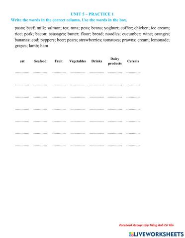 Y7 Unit 5 - List of food