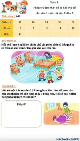 Phiếu A - Phép trừ (có nhớ) số có hai chữ số cho số có một chữ số