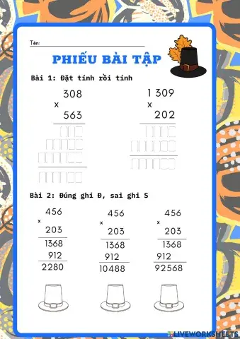 Phiếu bài tập Nhân với số có ba chữ số tiếp theo