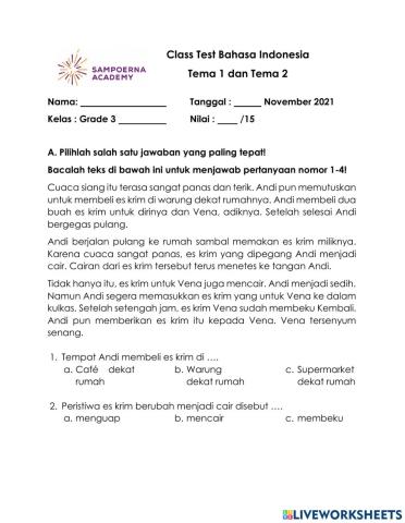 Class Test Bahasa Indonesia - Grade 3 Harvey