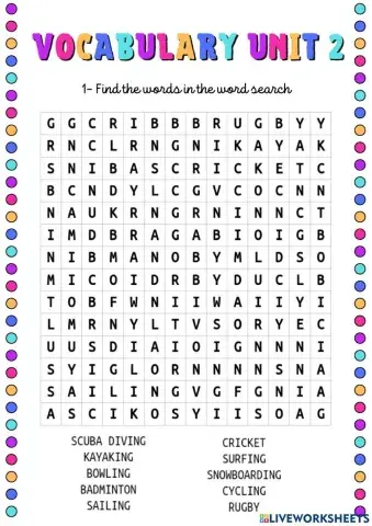 Sports scene wordsearch