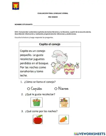 Evalucion penguaje verbal pre kinder