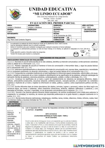 Evaluación del Primer Parcial de Lengua y Literatura del Segundo Quimestre