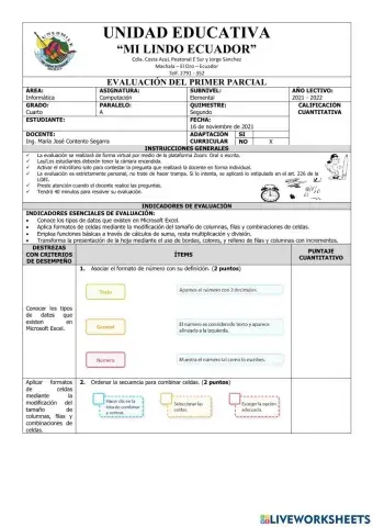 Evaluación del Primer Parcial de Computación Cuarto del Segundo Quimestre