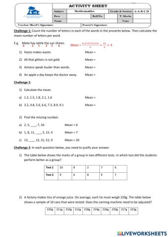 Mean Activity Sheet