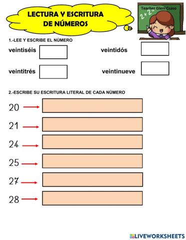 Lectura y escritura de números 20-30