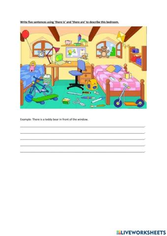 Describe the bedroom using 'there is' and 'there are'.