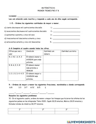 Matemáticas primer trimestre 6° b