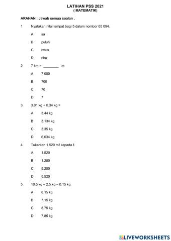 Latihan pss matematik thn5