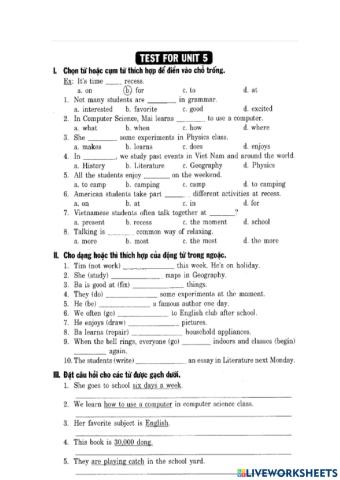 Test for unit 5 - Grade 7 Mai Lan Huong