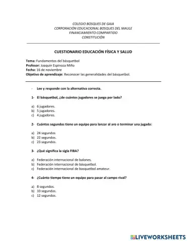 Cuestionario basquetbol. 16.11