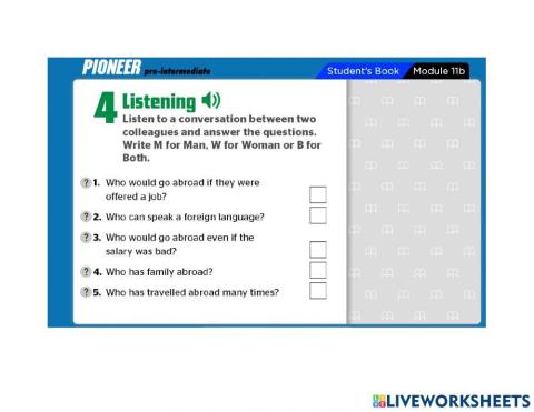 Pioneer PRE INTERMEDIATE Module 11B LISTENING