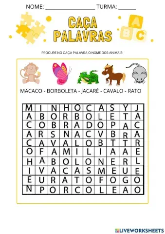 Caça palavras animais