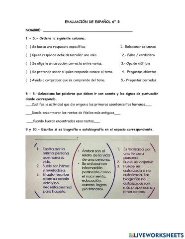 Evaluación de español 6° b