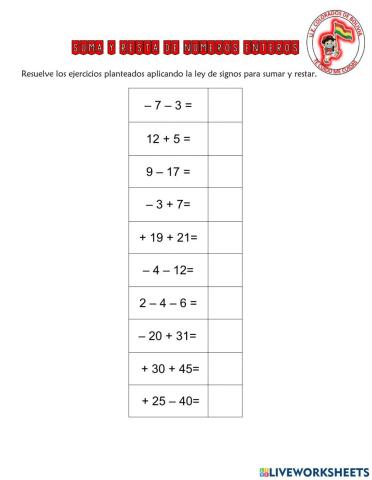SUMA Y RESTA DE NÚMEROS ENTEROS
