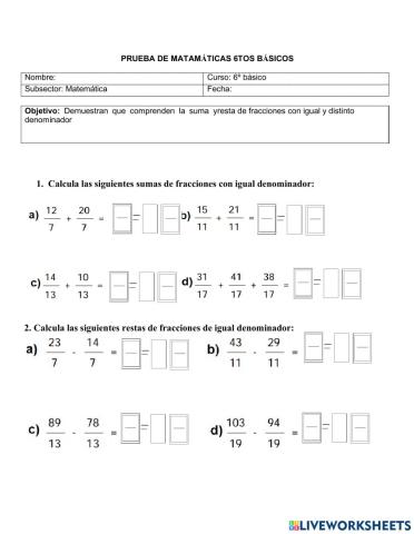 Prueba de suma y resta de fracciones